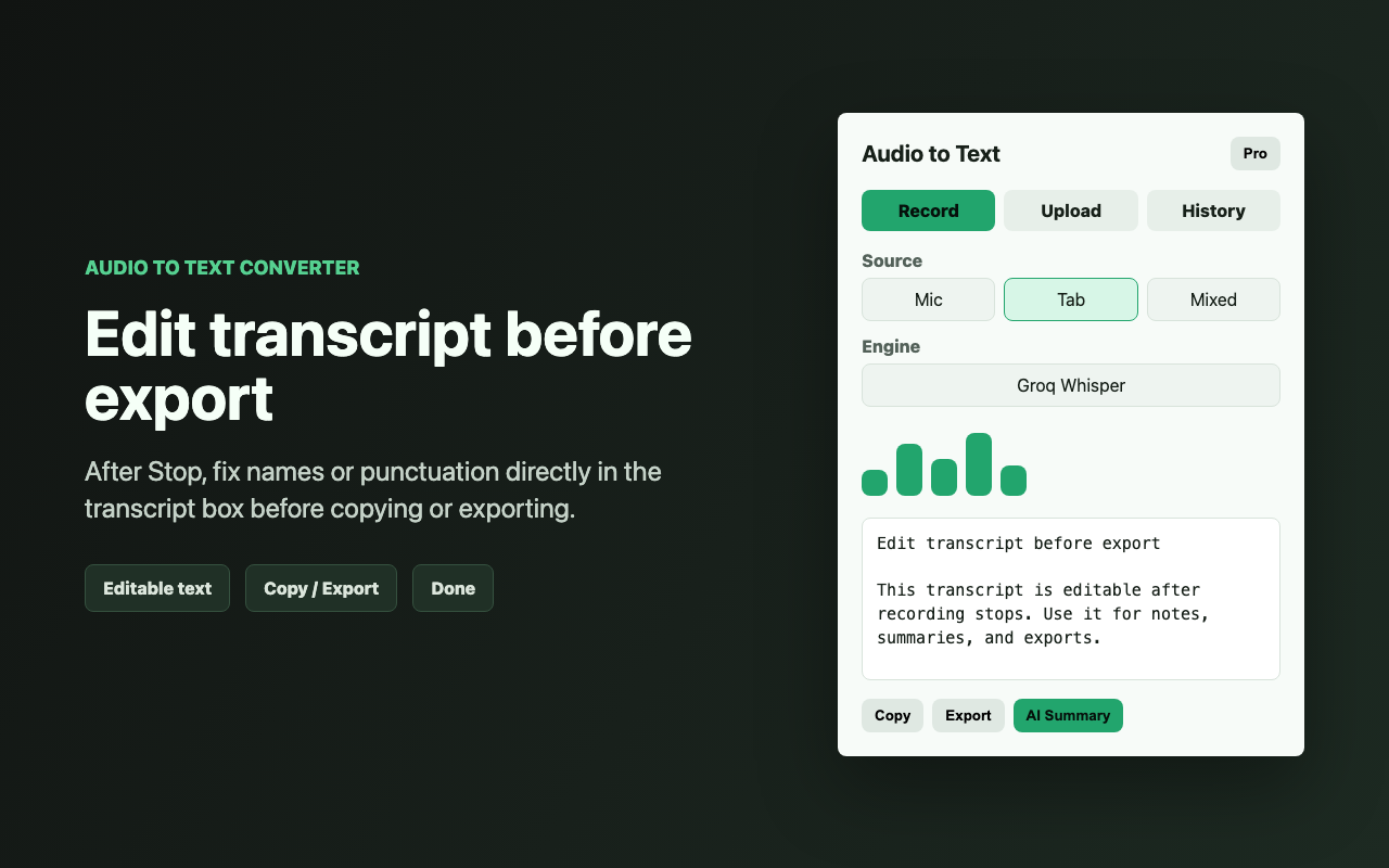 Editable transcript and export controls