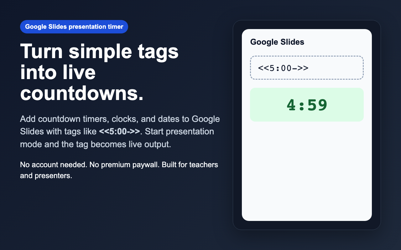 Google Slides timer example showing an inline tag and a live timer example
