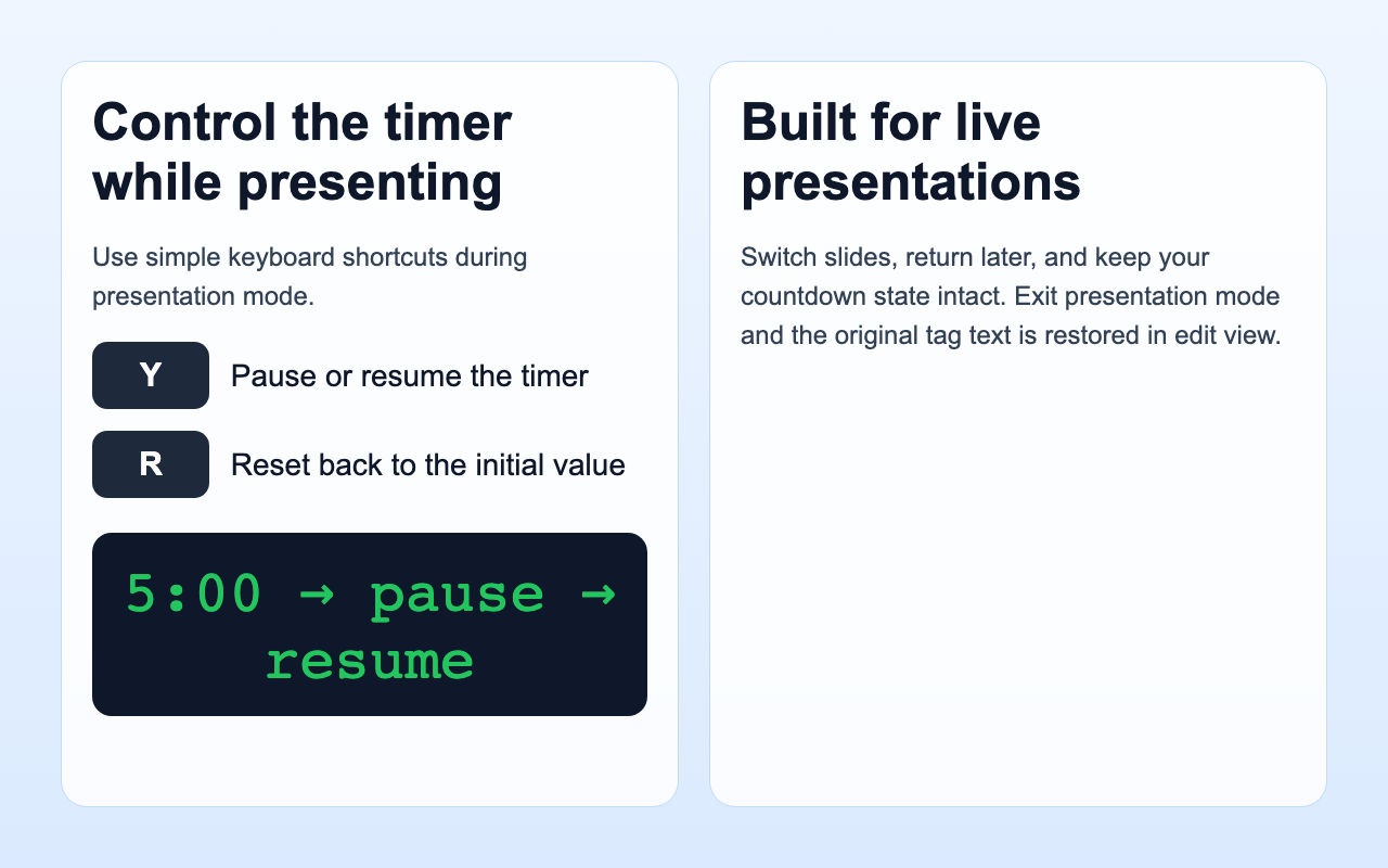 Slides Timer keyboard controls for pause resume and reset
