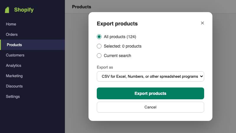 Shopify Admin products export screen showing the export dialog with All products and CSV for Excel options selected