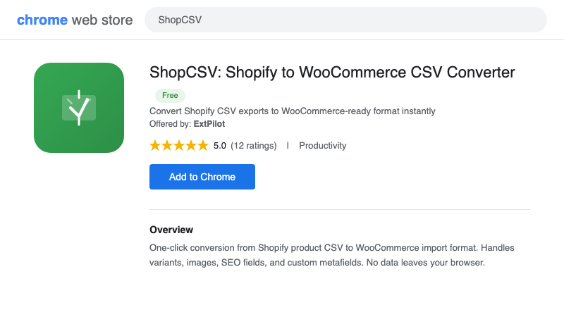 ShopCSV Chrome Web Store install page showing the Add to Chrome button and extension details