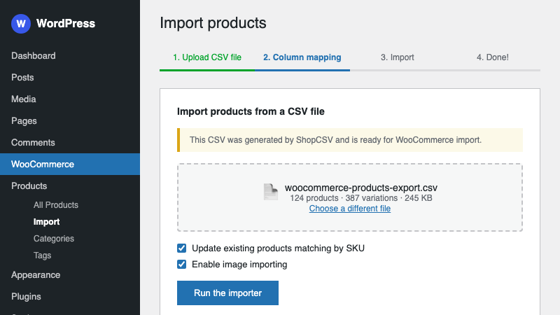 WooCommerce product import screen showing the CSV upload dialog and column mapping interface