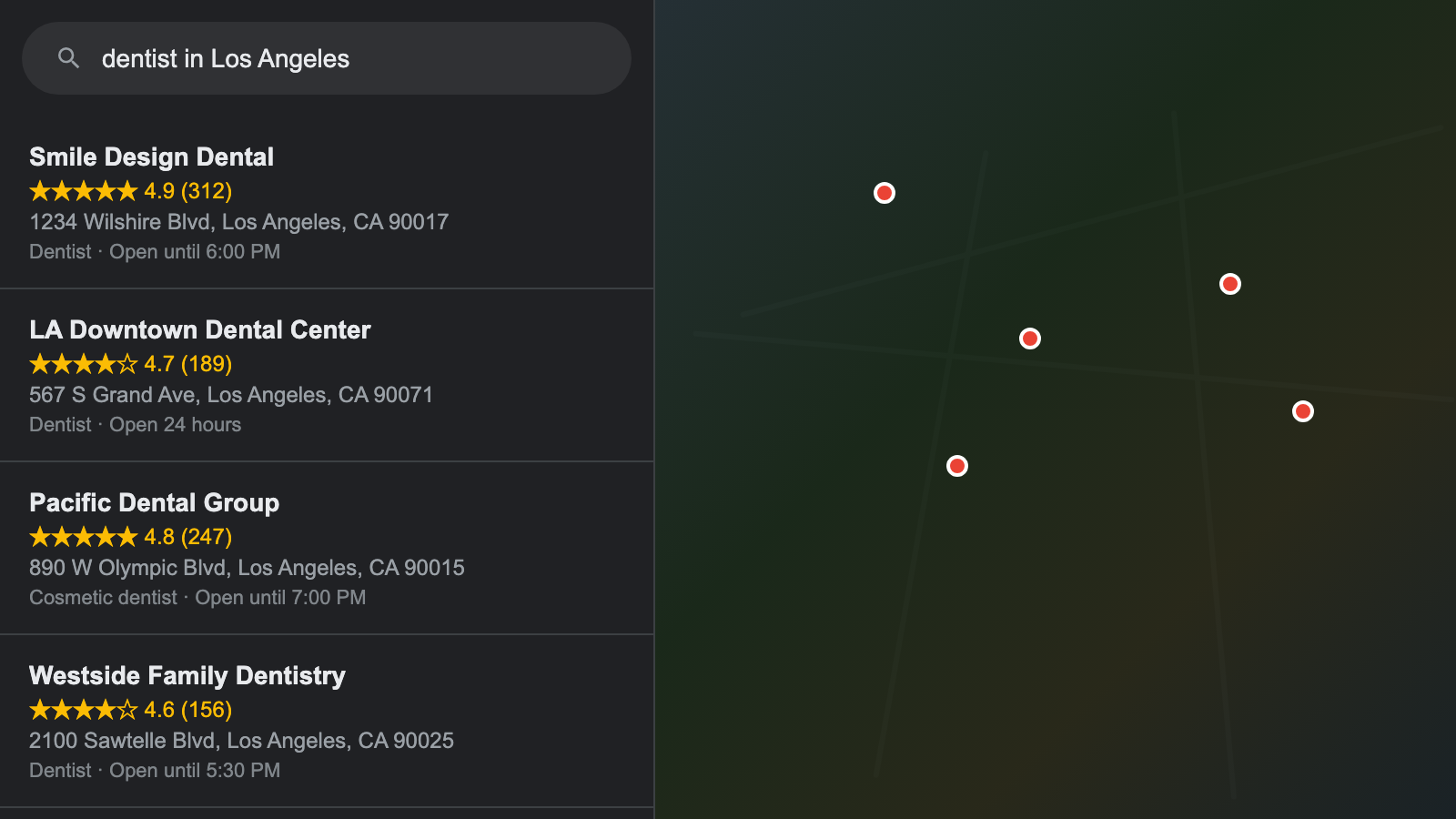 Google Maps search results for dentist in Los Angeles showing business listings