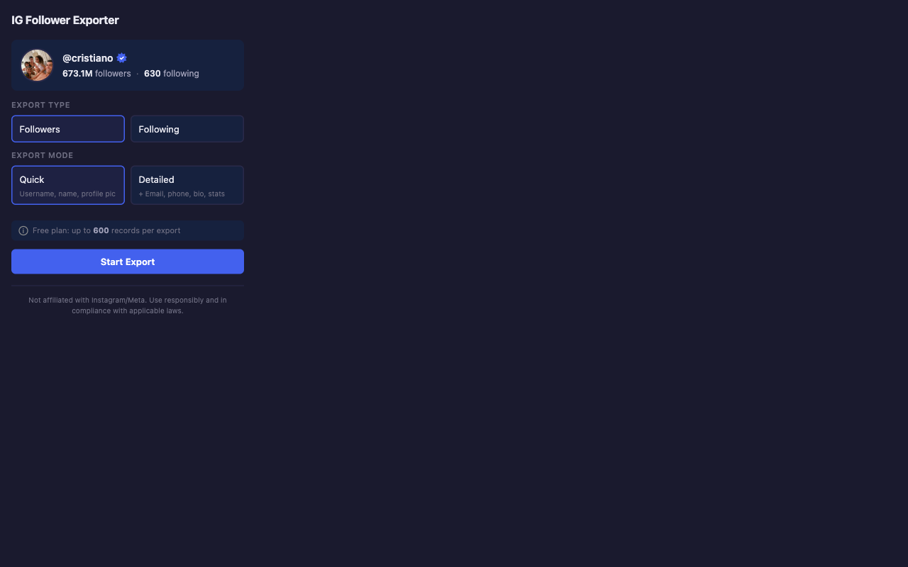 IG Follower Exporter popup showing Cristiano Ronaldo profile with 673M followers, Quick mode selected, and Start Export button