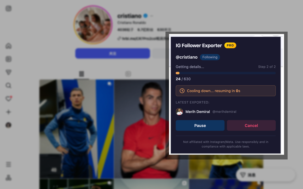 IG Follower Exporter exporting in progress — 24 of 630 records exported with cooling down indicator