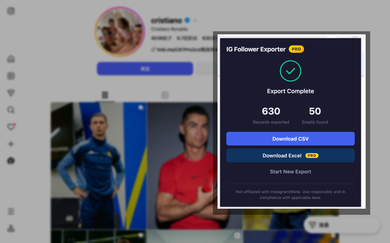 IG Follower Exporter export complete — 630 records exported, 50 emails found, with Download CSV and Download Excel buttons