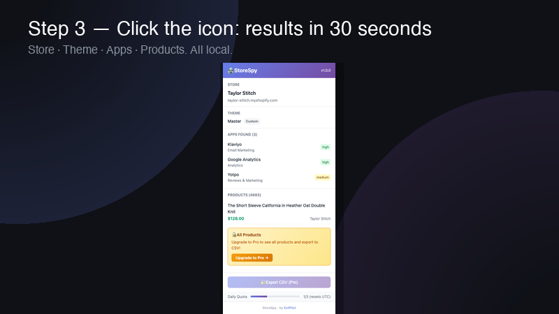 StoreSpy popup showing Store, Theme, Apps, and Products results